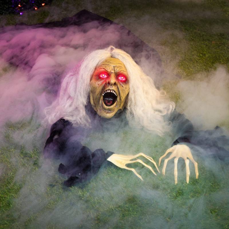 lot 35095 image: Zombie Halloween Decoration Outdoor Witch Groundbreaker Halloween Graveyard Decor Outside, Scary Zombie Props with Sound Effect & Lighted Eyes for Haunted House, Lawn Yard Decorations - Retail $40