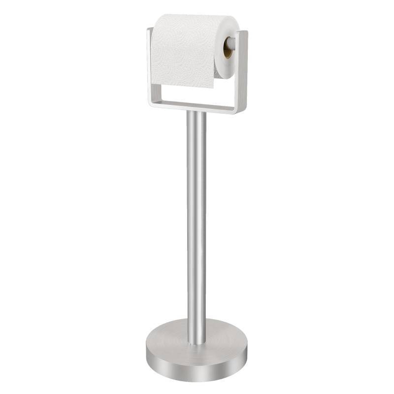 lot 25690 image: Toilet Paper Holder Free Standing, Stainless Steel Toilet Paper Stand, Weighted Base Floor Tissue Roll Holder for Bathroom, Brushed Nickel 200UP - Retail $50