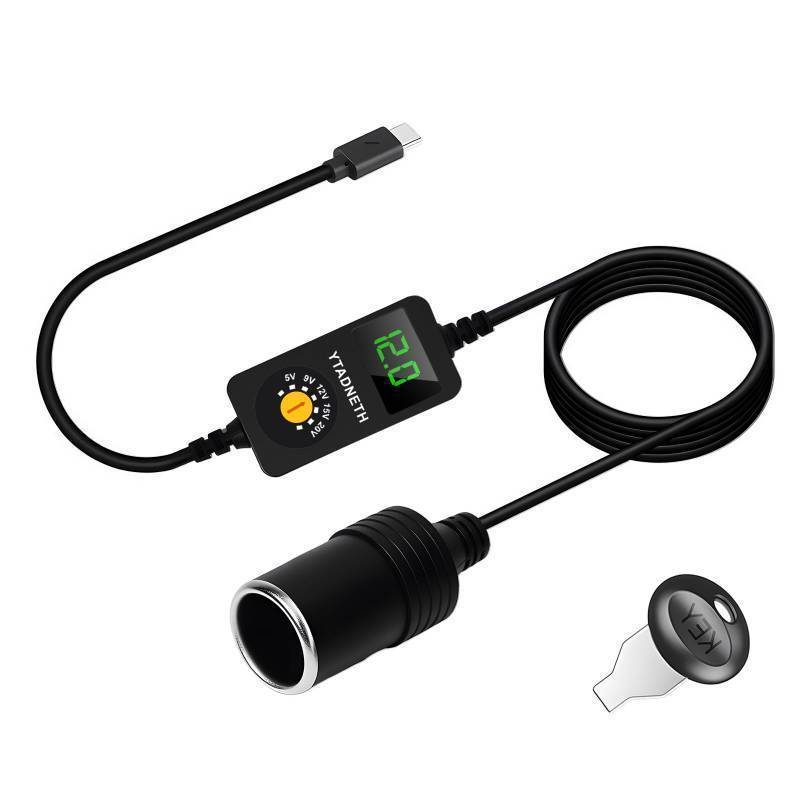 lot 25806 image: USB C to 5V 9V 12V 15V 20V Cigarette Lighter Adapter, USB C Male to Cigarette Lighter Female Socket, PD Trigger Cable with LED Display Voltage, for Dash Cam, GPS, Car LED Light Strips (3.93 FT) - Retail $14