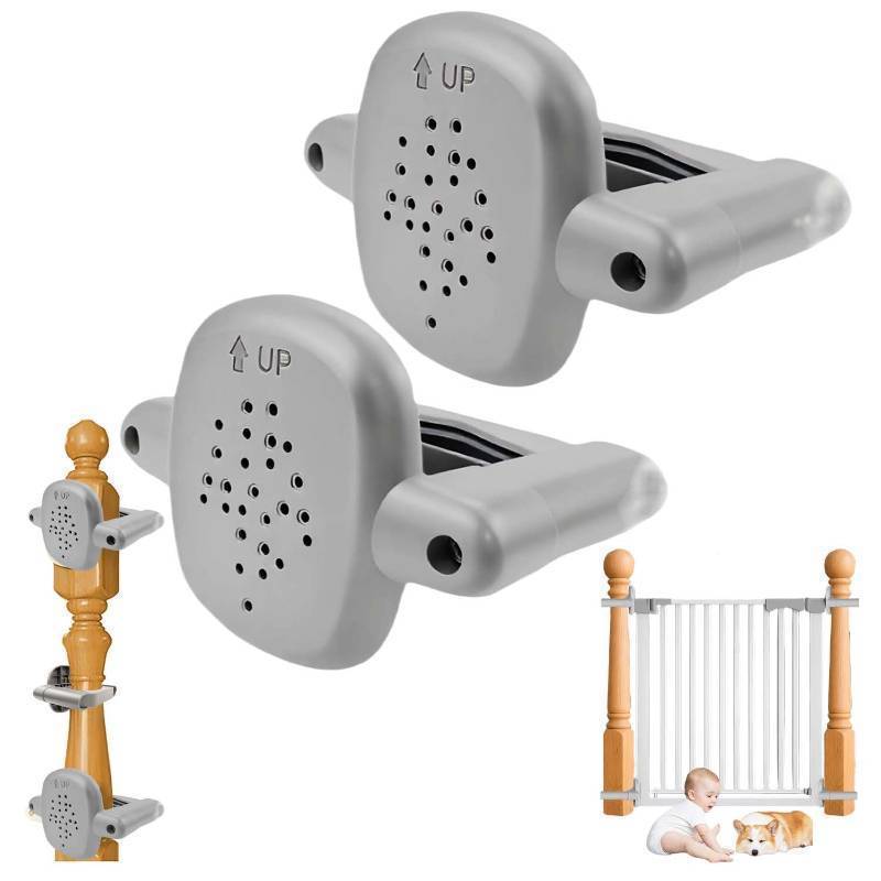 lot 61813 image: 2Pcs Baby Gate Banister Adapter, Stairway Baby Gate Mounting Kit, Fits 1.97- 3.94 Wide SquareRound Railing, No Drilling Stair Banister Protector, Works with RetractableMeshIron Gates(Grey) - Retail $21