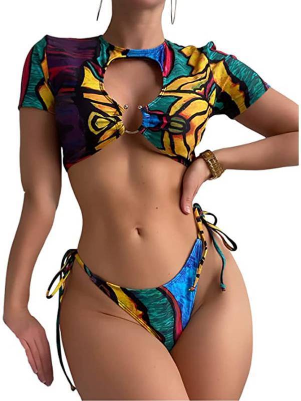 lot 61873 image: Womens 2 Piece Swimsuit Graffiti Print Cut Out Ring Linked Bikini Set Tie Side Bathing Suit Multicolor S
