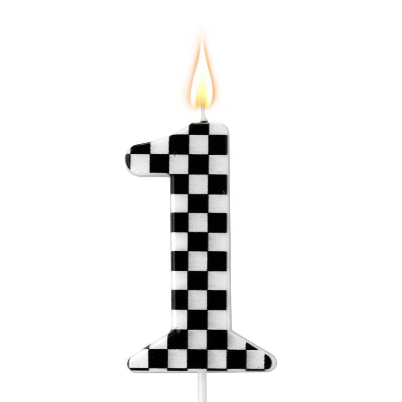 lot 35275 image: Racing Cars Themed Birthday Candle, Checkered Flag Number Candles Black and White Candles Happy Birthday Cake Topper Party Decorations for Boys Racing Cars Themed Party Supplies (Number 1) - Retail $6