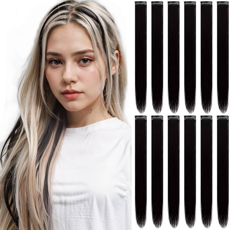 lot 35281 image: 11PCS Black Hair Extensions Clip in, Colored Party Highlights Extension for Girls Women Synthetic Hairpiece Straight 22 inch - Retail $7
