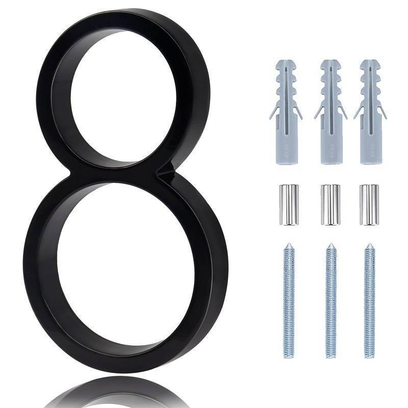 lot 35282 image: Modern House Numbers For Outside - 5 Inch Floating House Numbers With Nail Kit And Instructions Easy To Install, High Gloss Black Number 8 - Retail $9
