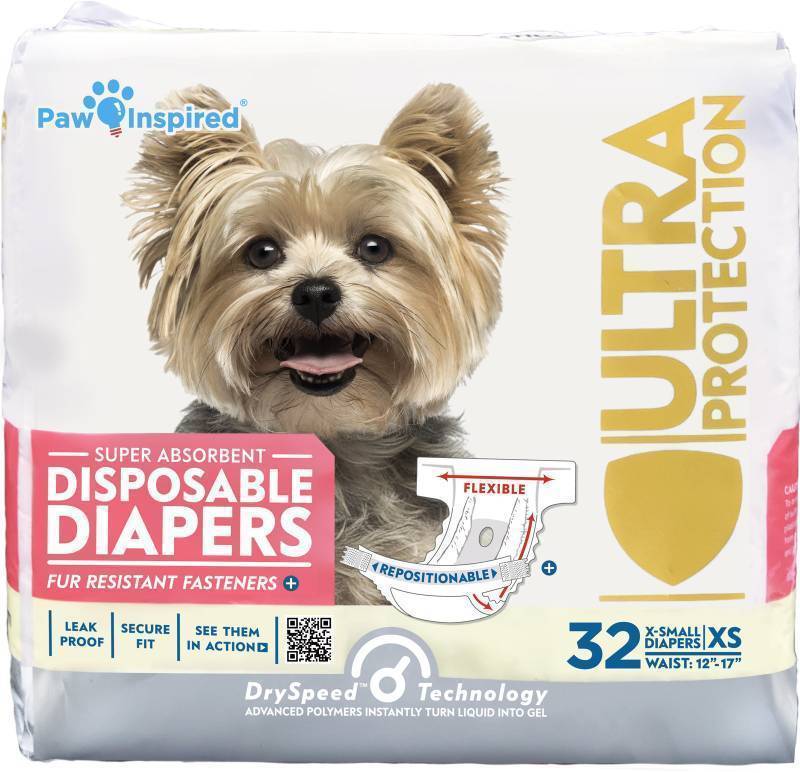 lot 35347 image: Paw Inspired 32ct Disposable Dog Diapers  Female Dog Diapers Ultra Protection  Diapers for Dogs in Heat, Excitable Urination, or Incontinence (X-Small) - Retail $17