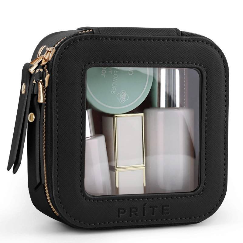 lot 56603 image: Mini Clear Makeup Bag for Purse Cute Small Travel Cosmetic Bag for Women Waterproof Toiletry Bag Leather Makeup Pouch with Gold Zipper(Black) - Retail $13