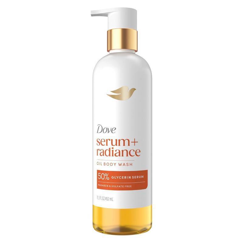 lot 56823 image: Dove Serum Shower Oil Body Wash with Jojoba & Monoi Flower Oils, Radiance Hydrating Cleanser, 15.3 fl oz - Retail $13