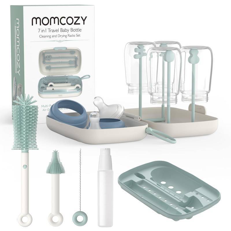 lot 57060 image: Bottle Brush Set - Baby Bottle Cleaner Kit with Silicone Brush, Nipple Brush, Straw Brush, Soap Dispenser, Drying Rack - 7 in 1 Bottle Cleaning Tool for Home and Travel, Green ( missing pieces ) - Retail $16