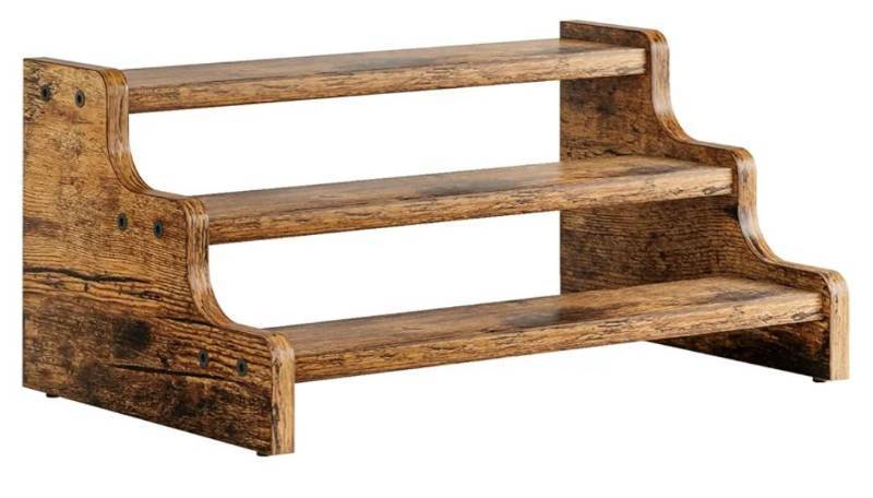 lot 57150 image: KLM 3-Tier Spice Rack, 13.8 Inch Wood Step Shelf Countertop Spice Storage Holder, Kitchen Pantry Cabinet Organizer Cupboard for Spice Bottles, Jars, Seasonings, Baking Supplies,Bathroom Organizer - Retail $16