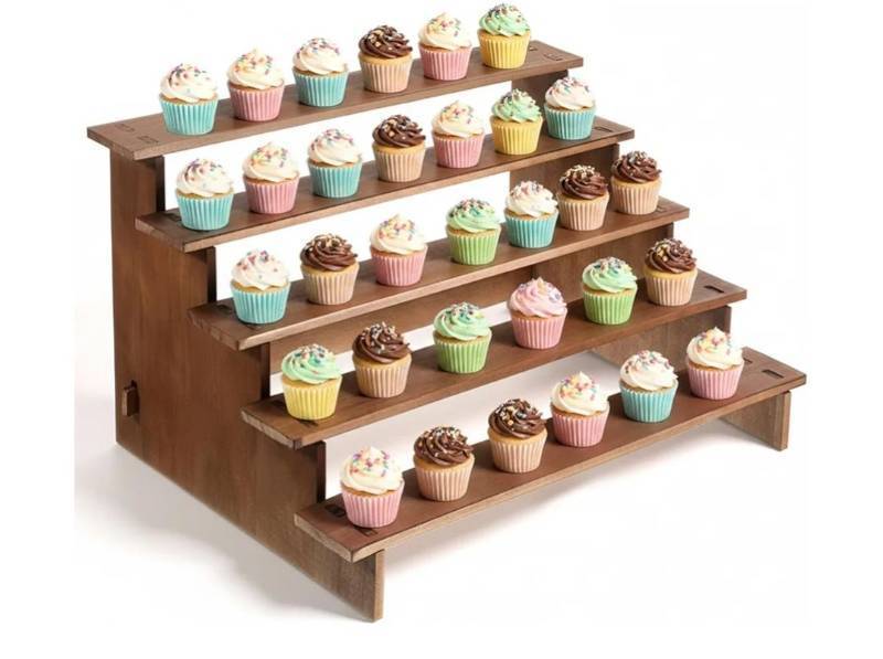 lot 57207 image: Wooden Cupcake Stand 5 Tier Rustic Cupcake Holder Stand for 50 Cupcakes Wooden Dessert Display Stands Rustic Wood Cupcakes Display Stands for Wedding, Birthday, Party Displays - Retail $21