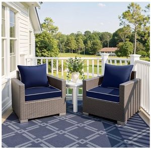 lot 27281 image: Navy Outdoor Seat Cushion 22x22 Inch Waterproof & 3 Year Fade Resistant Deep Seat and Back Cushion for Patio Furniture Chair Sofa Couch with Handle and Adjustable Straps - Retail $52