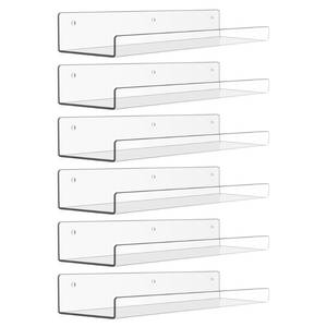 lot 27283 image: 6 Pack Acrylic Shelves for Wall Storage, 15 x 4 Floating Bookshelves for Kids, Display Shelf Organizer for Bathroom, Bedroom, Living Room, Kitchen, Room Decor, Clear, HARDWARE NOT INCLUDED. - Retail $20