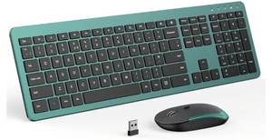 lot 27296 image: Wireless Keyboard and Mouse Combo, Full Size Slim Thin Cordless Keyboard Mouse with Numeric Keypad, Quiet Computer Keyboard Mice Set 2.4G Stable Connection Adjustable DPI - Retail $35