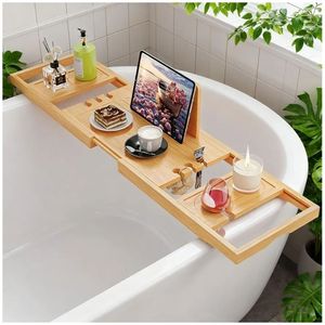 lot 27299 image: Bathtub Tray, Bath Tray for Tub, Bath Tub Tray Wood, Bath Caddy Tray for Bathtub, Bathtub Trays for Tub. DAMAGE TO ONE CUP HOLDER. - Retail $23