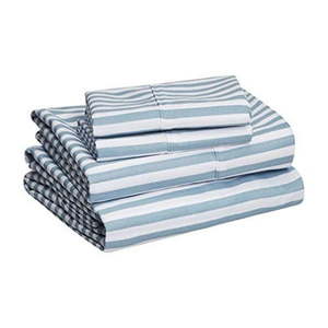 lot 27300 image: Basics Lightweight Super Soft Easy Care Microfiber Sheet Set with 14  Deep Pockets - Queen  Dusty Blue Pinstripe - Retail $48