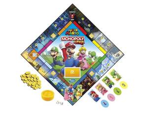 lot 27307 image: Monopoly Junior Super Mario Edition Board Game, Fun Kids Ages 5 and Up, Explore The Mushroom Kingdom as Mario, Peach, Yoshi, or Luigi. MISSING COIN SOUND MACHINE. - Retail $20
