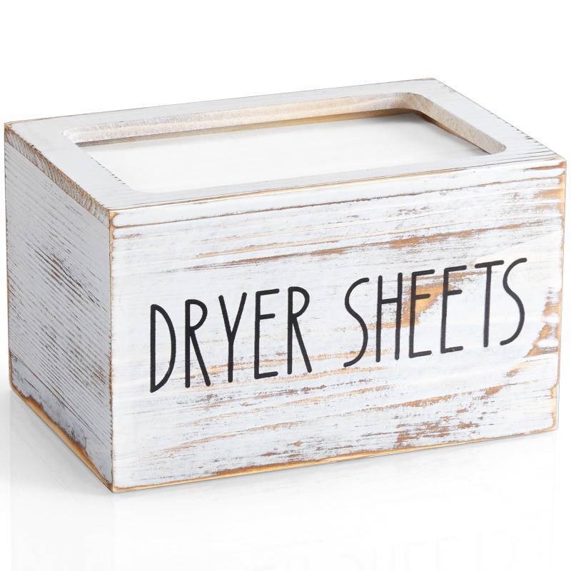 lot 22756 image: CMLKLZD Dryer Sheet Holder, White Washed Wood Laundry Sheets Container, Laundry Room Organization and Storage for Farmhouse Laundry Room Decor and Accessories, Fabric Sheet Dispenser - Retail $19