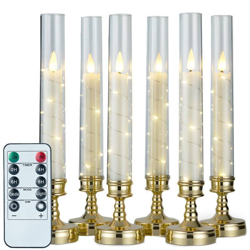 lot 31720 image: Prerish 6 PCS Flameless Candles with Timer, Flickering Flameless LED Pillar Candles for Romantic Ambiance with Embedded Star String, Acrylic Battery Perated Fake Candles for Home Decoration (Gold) - Retail $25