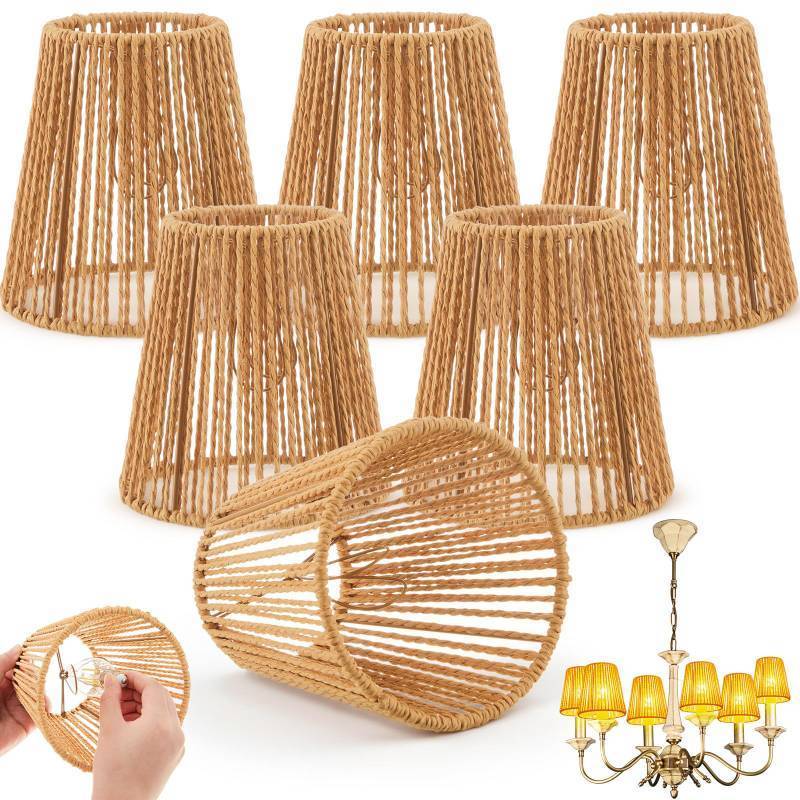 lot 45137 image: Riakrum 6 Pcs Chandelier Lamp Shades Set Small Lamp Shade for Pendant Wall Ceiling Lights Candle Bulbs Clip on Fitter Lampshade (Rattan,Brown) - Retail $31