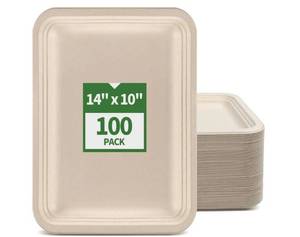 lot 22425 image: 100 Pack 14 inch Large Disposable Food Trays for Crawfish Seafood Boil BBQ Dessert, Large Paper Plates 14 inch Heavy Duty Disposable Serving Trays for Seafood Boil Party - Retail $45