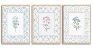 lot 22428 image: CHMMART 3 Piece Pastel Wildflower Framed Wall Art Nursery Floral Canvas Art Prints Pink Blue Botanical Pictures Wall Decor Boho Flower Painting Artwork for Bedroom Bathroom 12x16in - Retail $40