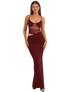 lot 22431 image: JUMISEE Womens Sexy V Neck Sheer Mesh Maxi Dress Elegant Spaghetti Strap Bodycon Long Dress Formal Cocktail Dresses Burgundy -Small - Retail $33