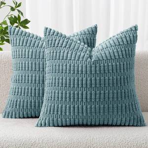 lot 22436 image: MIULEE Pack of 2 Corduroy Decorative Throw Pillow Covers 18x18 Inch Soft Boho Striped Pillow Covers Modern Farmhouse Home Decor for Summer Coastal Sofa Living Room Couch Bed Coastal Blue - Retail $16