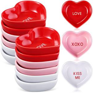 lot 22948 image: Hushee 12 Pcs Valentines Day Heart Shaped Bowl Ceramic Candy Dish Multipurpose Salad Appetizer Dipping Sauce Heart Plates for Anniversary Wedding Party(Love,Red, White, Pink) - Retail $24
