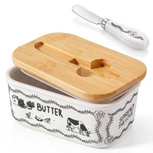 lot 22950 image: Acellegic Butter Dish with Lid and Knife 6.3 Large Butter Dish for Countertop spread the Love Countryside White and Black Ceramic Container with Bamboo Lid and Silicone Seal for Home Kitchen Gift - Retail $19
