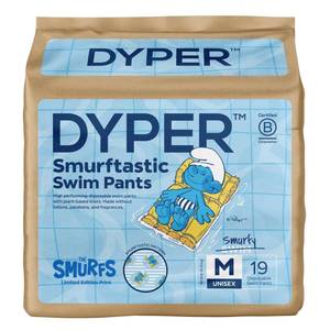 lot 32972 image: DYPER Smurftastic Baby Swim Diapers, Hypoallergenic Plant-Based Disposable Swim Diapers  Eco-Friendly & Absorbent Swimming Diapers for Babies, Size M (19 Count) - Retail $266