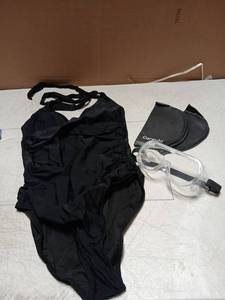 lot 32973 image: Black Swimming Suit with Goggles and Swim Cap Set M - Retail $15