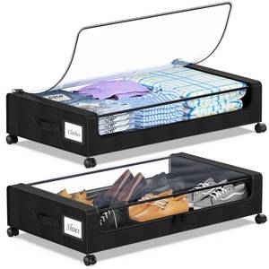 lot 33012 image: YAASHEEN Under Bed Storage with Wheels, 2-Pack Under the Bed Storage Containers with Clear Lids & Label, Underbed Storage Bins, XXL 60L Rolling Metal Drawer for Clothes, Shoes, Toys, Books - Black - Retail $30