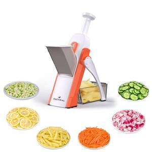 lot 33021 image: ONCE FOR ALL Safe Mandoline Slicer 5 in 1 Vegetable Cutter, Strips Julienne Dicer Adjustable Thickness 0.1-8 mm for Kitench Fast Meal Prep (Orange) - Retail $40