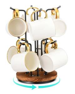 lot 33023 image: HULISEN 360° Rotating Mug Tree for Large Cups, Counter Coffee Mug Holder with 8 Hooks, Metal Coffee Cup Rack Stand for Countertop with Stable Wooden Base, Kitchen Counter Decor - Retail $30