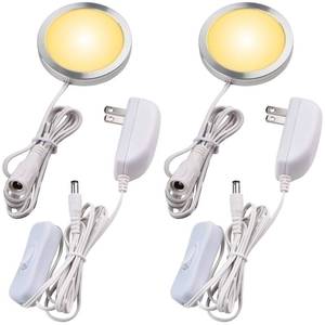 lot 33032 image: Lvyinyin Single LED Kitchen Under Cabinet Puck Light, 120V Direct Wall Plug in Closet Cupboard Night Light, Easy to Mount, Inline On Off Switch, White Wires, 2 Packs, Warm White - Retail $21