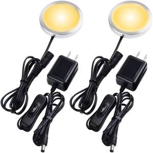 lot 33033 image: Lvyinyin Single LED Puck Light for Under Obove Cabinet Counter Bar Shelf Back Lighting, 120V Electric Direct Wall Plug in, Handy On Off Switch, Black Cables, 2 Packs, Warm White - Retail $21