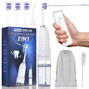 lot 33035 image: Electric Toothbrush with Water flosser, 2 in 1 Teeth Cleaning Kit, Toothbrush and Water flosser Combo, 25 - Day Battery, Travel Toothbrush with Water Bottle(White) - Retail $67