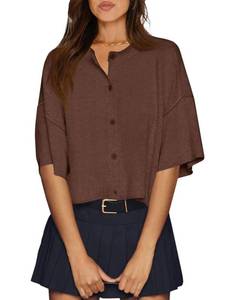 lot 33044 image: Cicy Bell Womens Half Sleeve Cardigan Sweaters Cropped Button Down Tops Oversized Lightweight Ribbed Knit Summer Outfits Coffee - Retail $20