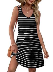 lot 42343 image: OFEEFAN Black and White Striped Dress Summer 2026 Trendy Tank Dresses V Neck Swing T Shirt Casual Dress Sundresses with Pockets Striped 02 M - Retail $20
