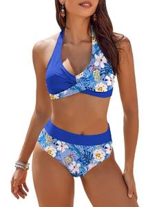 lot 42347 image: AIMAGE Womens High Waisted Bikini Sets Tummy Control Swimsuits 2026 Two Piece Bathing Suits Color Block HalterSwim Suits, Blue Floral, S - Retail $30