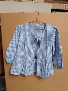 lot 42354 image: Blue and White Gingham Check Peasant Blouse Size S - Retail $15