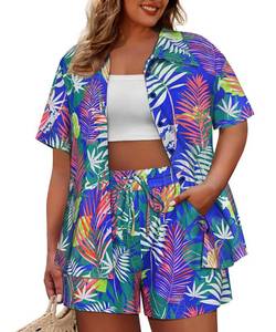 lot 42366 image: CARCOS Plus Size 2 Piece Sets for Women Summer Tropical Print Shorts Set Outfit Vacation Hawaii Beach Set Blue Leaves Button Down Shirts Short Sleeve Tracksuit Set 2XL 18W 20W - Retail $32