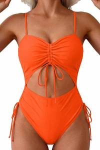 lot 42371 image: Viottiset Womens Cut Out Drawstring One Piece Swimsuit Cheeky High Cut Bathing Suit Orange Medium - Retail $27
