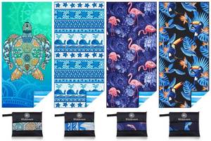 lot 42379 image: 4 Pack Microfiber Lightweight Beach Towel Sand Free Quick Dry Absorbent Thin Compact Towels for Swimming Pool Camping Beach Accessories Large Easy Pack Travel Things for Vacation Essentials Gift - Retail $50