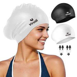 lot 42390 image: 2 Pack Swim Cap for Women Men Adult, Silicone Swimming Caps for Short Long Hair, Waterproof Swim Hats Bathing Caps to Keep Hair Dry with Nose Clip and Earplugs (Black&White) - Retail $12