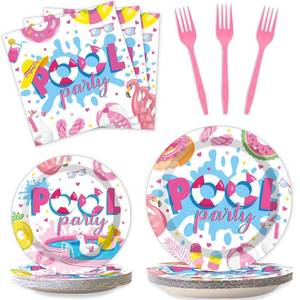 lot 42404 image: Qyeahkj 100 Pcs Swimming Pool Party Plates and Napkins Set Summer Pool Party Decorations Supplies Pool Disposable Paper Tableware Dinnerware Party Favors Birthday Shower Serves 25 - Retail $18