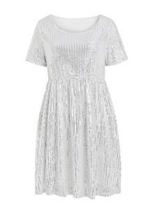 lot 42405 image: Wenrine Womens Sequin Plus Size Mini Dress Short Sleeve Scoop Neck Pleated A Line Cocktail Party Dresses White XXXL  - Retail $40