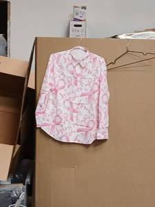 lot 42415 image: Pink Breast Cancer Awareness Ribbon Print Button-Up Shirt Size M - Retail $15