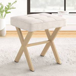 lot 61845 image: LUE BONA Square Linen Makeup Stool, Metal X Legs, Small Ottoman Stool Chair for Vanity, Modern Padded Seat Foot Rest for Makeup Room, Bathroom - Retail $42