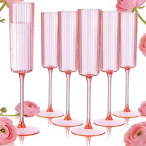 lot 61847 image: Ciaell 24 Pack Pink Plastic Champagne Flutes - 6oz Ribbed Disposable Champagne Glasses - Pink Vintage Mimosa Glasses with Long Stem, Elegant & Lightweight for Weddings and Party - Retail $39